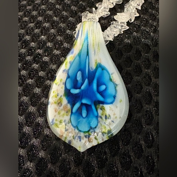 Delicate Floral Teardrop Glass Pendant Necklace with Vibrant Blue Flowers - Picture 7 of 12